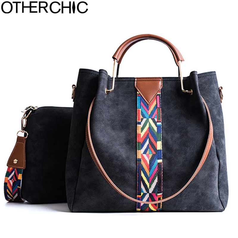 OTHERCHIC High Quality Women Double Bag Suede Leather Tote Bag Set Messenger Crossbody Bags Metal Handle Handbag Women L-7N10-07 double handle iridescence tote bag