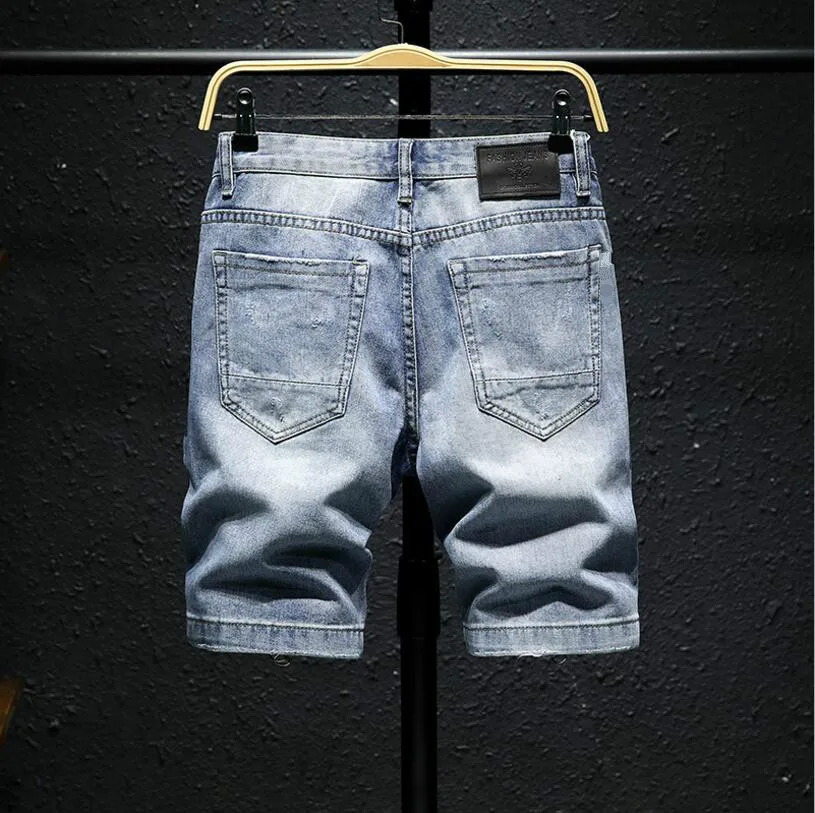 Мужской светильник, синие короткие джинсы, новые летние джинсовые шорты с дырками, высокое качество, мужские прямые повседневные джинсовые шорты, модный стиль, размер 27-36