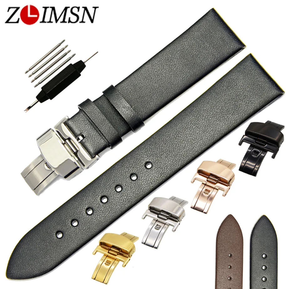 ZLIMSN Black Genuine Leather Watchbands Deployment Clasp 18 20 22mm