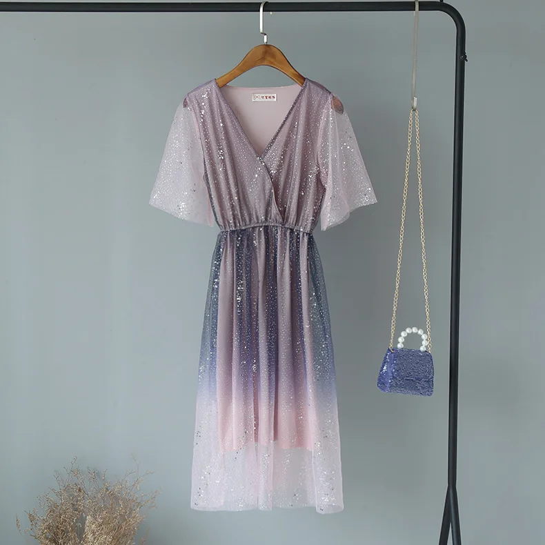 

Mesh Patchwork Sequined Gradient Party Dress Chic Women Summer V Neck Casual Streetwear High Waist Vintage Plus Size Dress