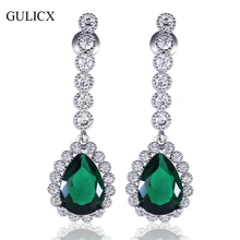GULICX Luxury Wedding White Gold color Dangle Drop Earring for Women Teardrop Green Red Blue Crystal