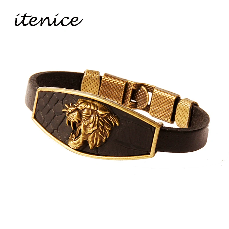 

Design Men Bracelets Geometric Bronze Cross Wing Lion Owl Shackles Black Leather Bracelet Men Wristband Fashion Jewelry Unisex