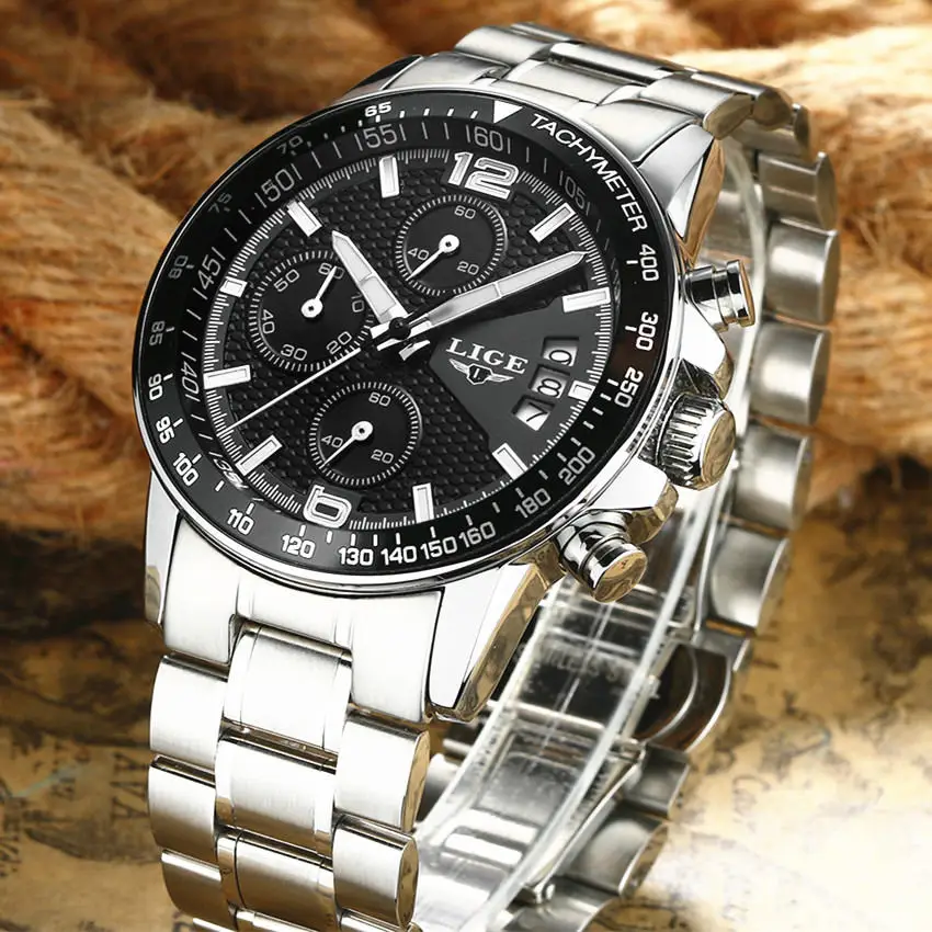 LIGE брендовые новые мужские часы Бизнес Кварцевые часы мужские настоящие с тремя циферблатами светящиеся водонепроницаемые 30 м уличные спортивные стальные часы - Цвет: steel black