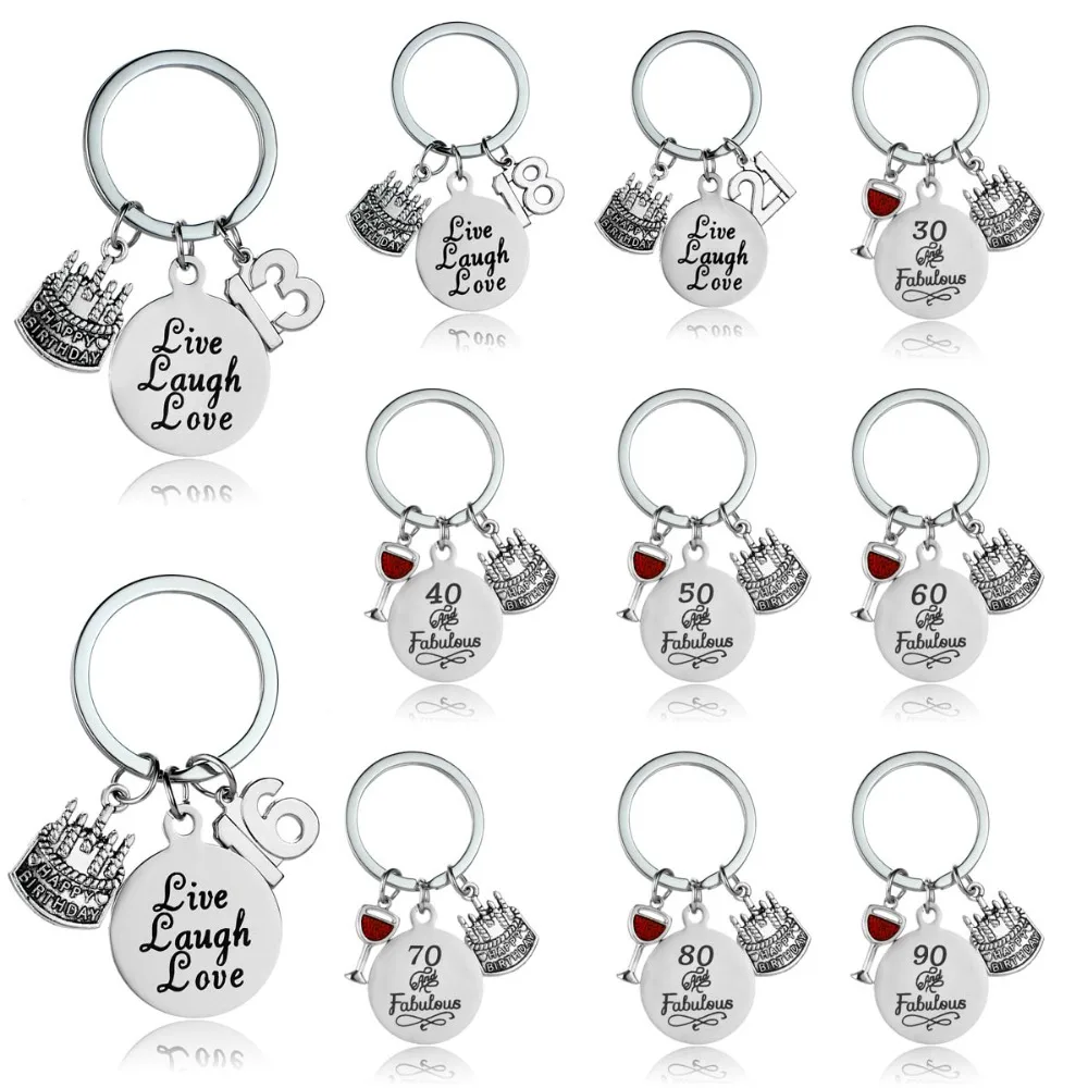 

Stainless Steel Birthday Keychain Gift Live Laugh Love Birthday Cake Goblet Charm Keyring Key Chain For Mom Dad Grandpa Grandma