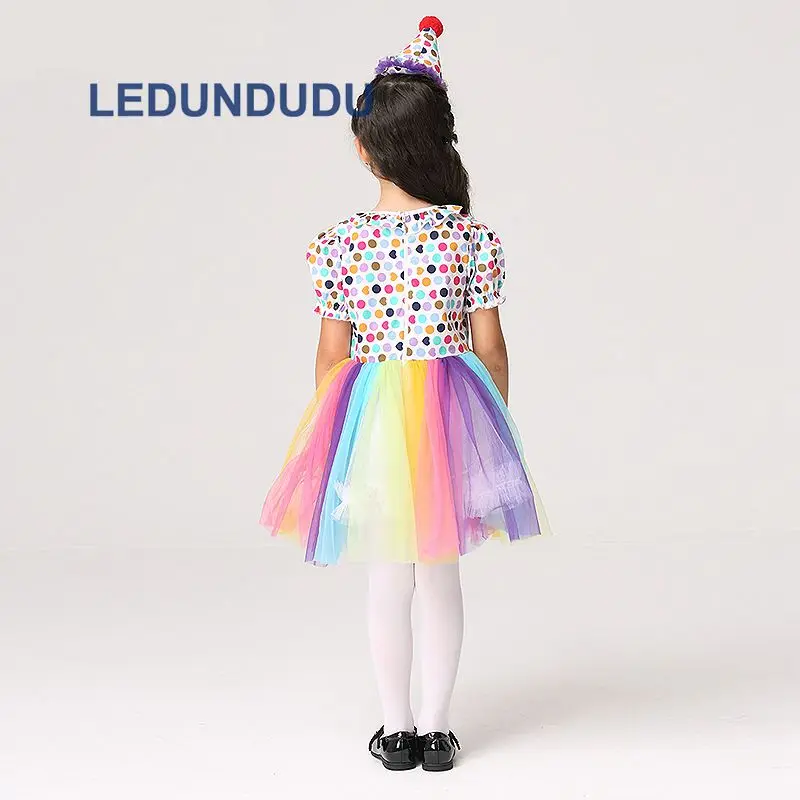 Children Clown Cosplay Costume Girls Rainbow Dress with Hat Kids Halloween Party Holiday Performance Clothes (7)