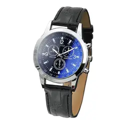 2019 Мода искусственного Мужские часы с кожаным ремешком кварцевые часы Blu-Ray Стекло часы Бизнес имитирует наручные часы Relogio Masculino A3