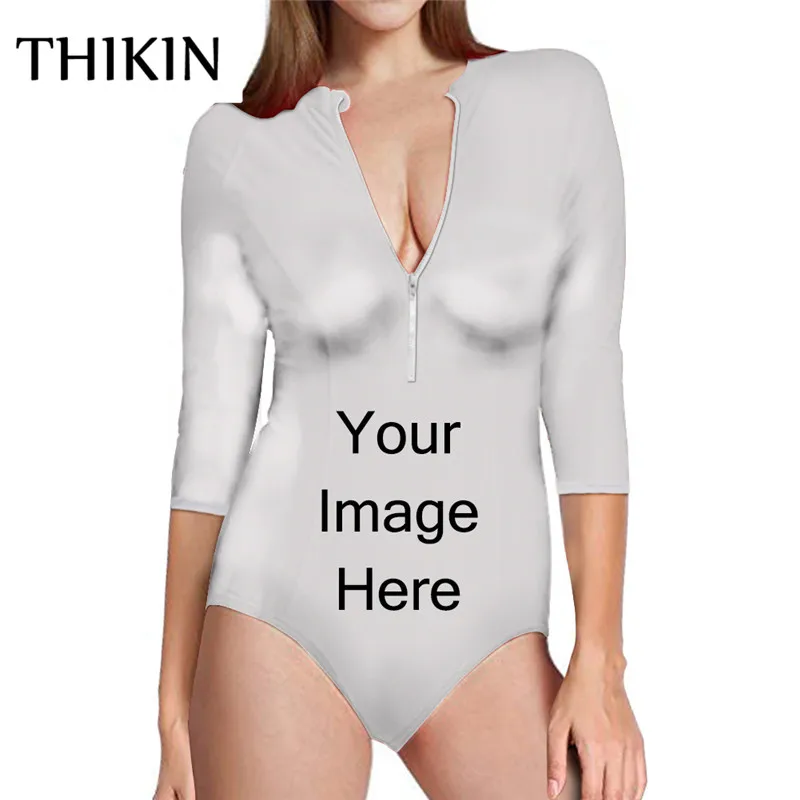 

THIKIN One Piece Swimsuit Lady Long Sleeve Swimwear Female Custom Image Swimming Suit for Women Bathing Suits Beach