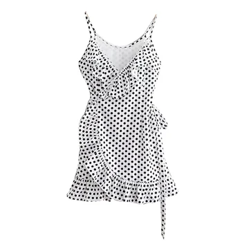 

2019 Summer Vintage Black White Polka Dots Dress Package Very Sexy Low Cut Spaghetti Straps Slim High Rise Dress