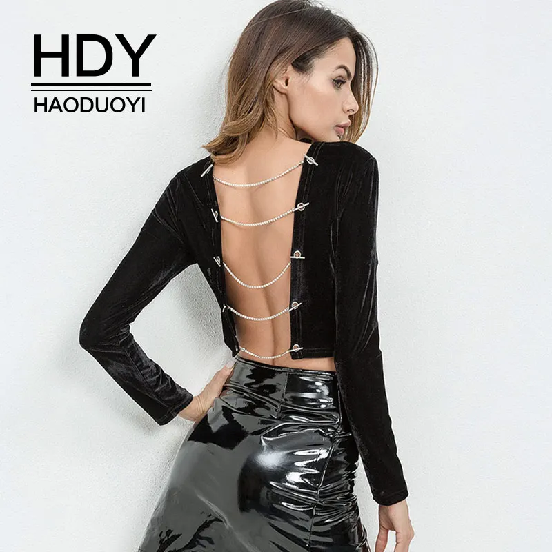 HDY Haoduoyi женские футболки с круглым вырезом и длинными рукавами открытой спиной