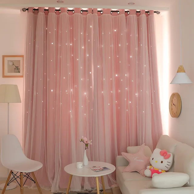 NORNE Hollow Star Thermal Insulated Blackout Curtain for Living Room Bedroom Window Drape Blinds Stitched with White Voile Pink