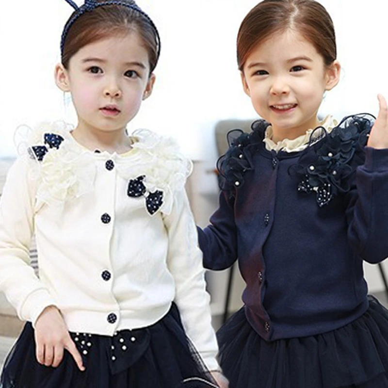 

2018 Spring and Autumn Children Coat Bow Decoration Baby Lace Patchwork Top Outerwear Solid Color Long-Sleeve Cardigan For Girls