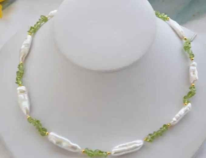 

3367 white biwa freshwater pearl green Lemon stone necklace