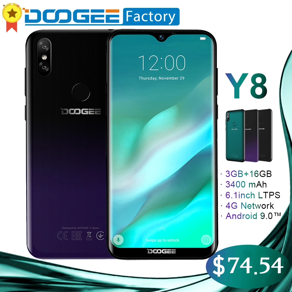 

DOOGEE Y8 New 3GB 32GB 6.1 inch Waterdrop Screen Smartphone 8MP+5MP Face ID Android 9.0 MTK6739 Quad-Core 3400mAh 4G cellphone