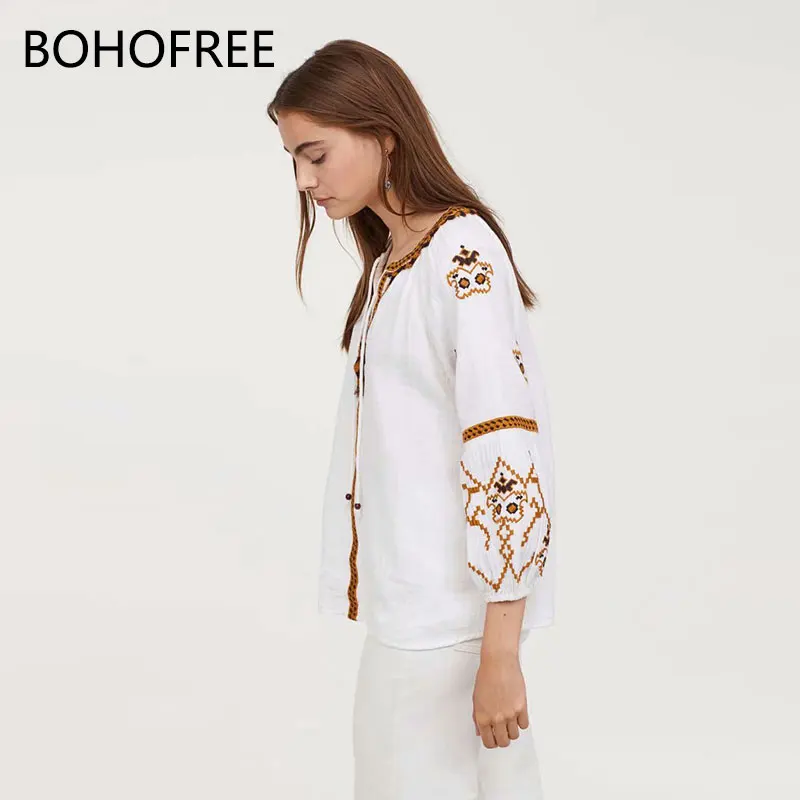 BOHOFREE осень зима новый для женщин Белый Boho Топы корректирующие рубашки с вышивкой Feminino V образным вырезом макет Топы корректирующие Blusas женс