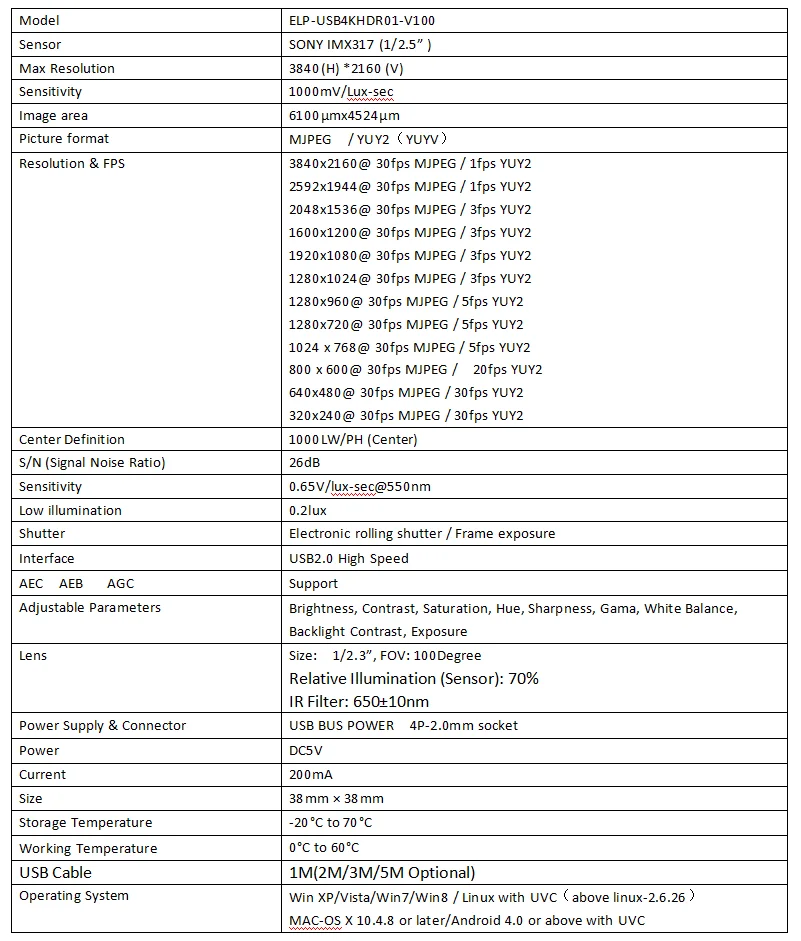 ELP 4K USB модуль камеры с SONY IMX317 4K пикселей цветной CMOS сенсор и USB2.0 выход