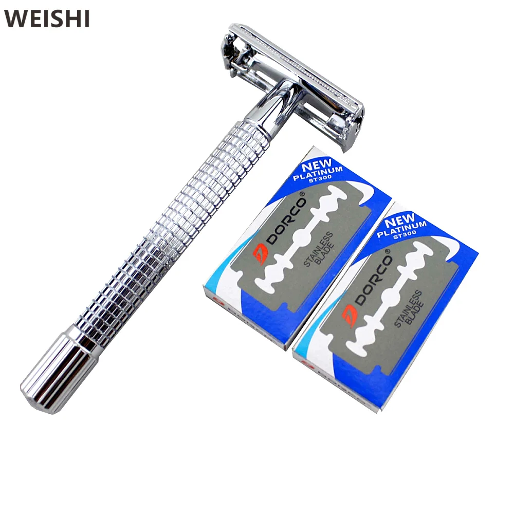 WEISHI 9306FL Long Handle Chrome Silver plated Double Edge Safety Razor with 10pcs Razor Blade