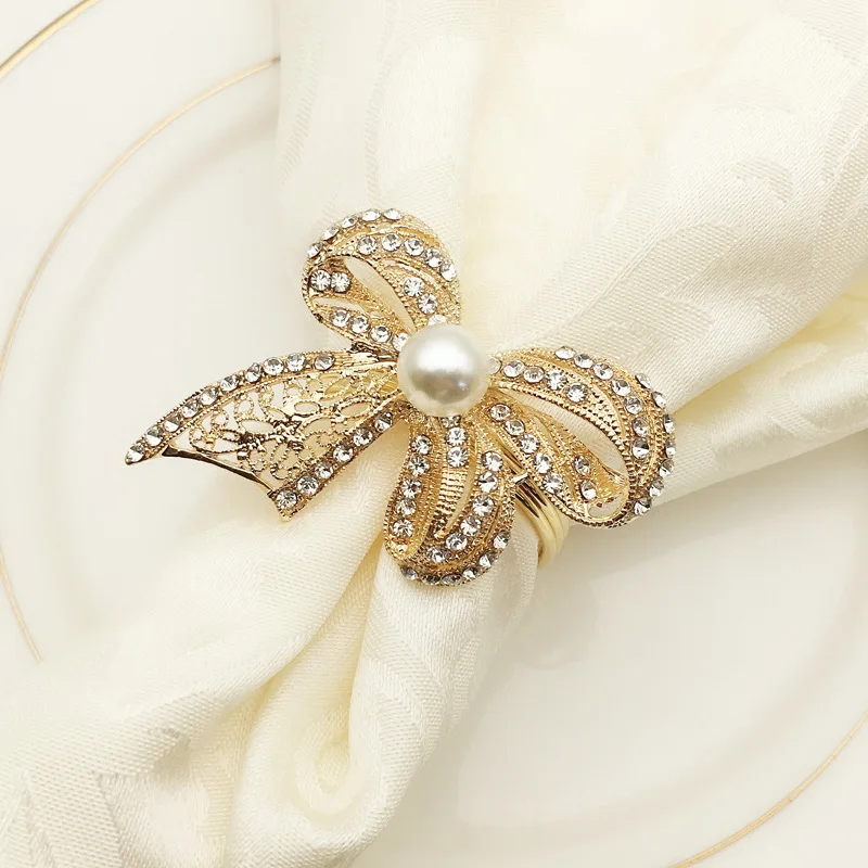 6 шт./лот Western кольца для салфеток корона с жемчугом на банте бисером золото круглое украшение для крестин металлический подарок на девичник вечерние свадебные сувениры - Цвет: B