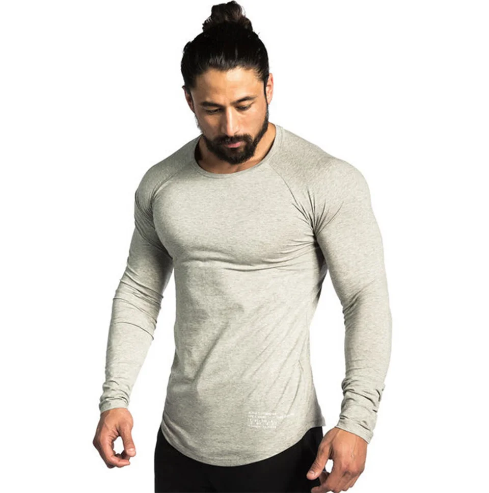 Мужская футболка с длинным рукавом из 95% хлопка, осенний стиль, рукав реглан, Повседневная модная одежда, облегающие эластичные футболки для фитнеса