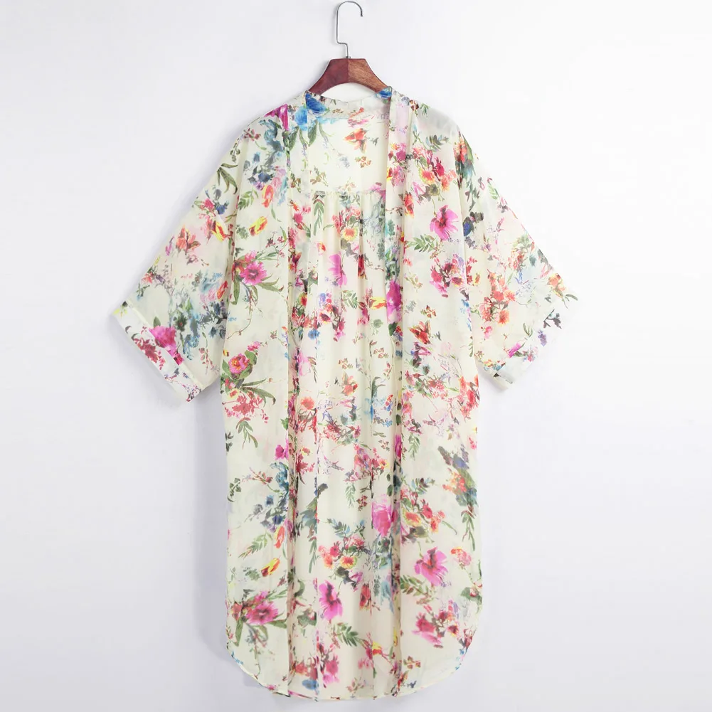 2019 Women Boho Chiffon Kimono Cardigan Floral Printed 3/4 Sleeve Long Blouse Top Casual Loose Beach Wear Plus Size 5XL Black