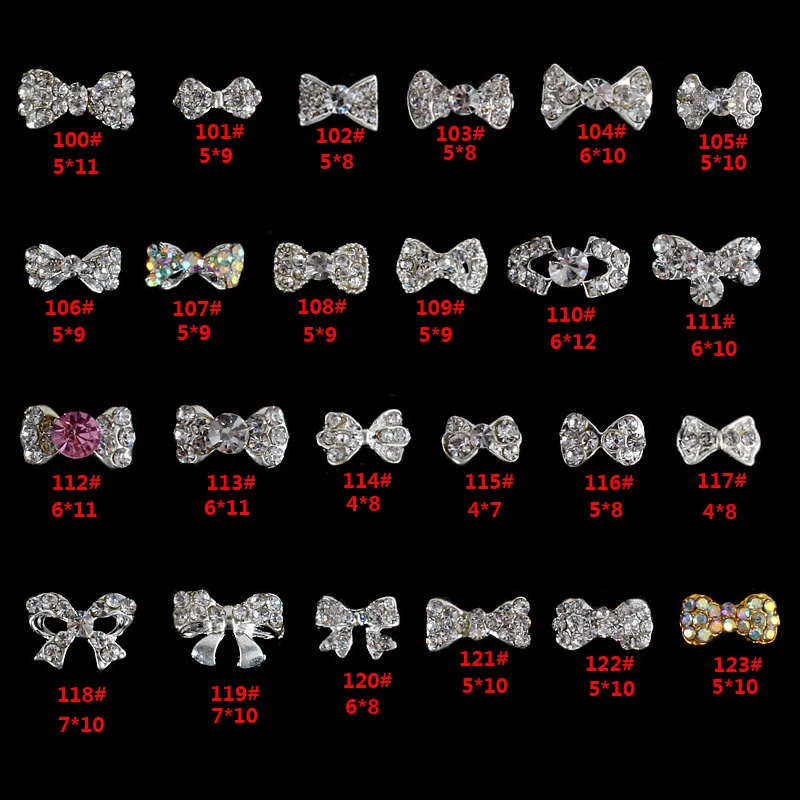 

Factory Wholesales 10pcs Metal Bow Nail Art Clear Rhinestones Crystal Bow Tie Alloy Bow Knot Nail Art Decorations Accessories