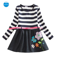JUXINSU/Хлопковое платье с длинными рукавами в полоску с цветочным принтом для маленьких девочек на осень и зиму, Подарочные платья с поясом для девочек от 3 до 8 лет