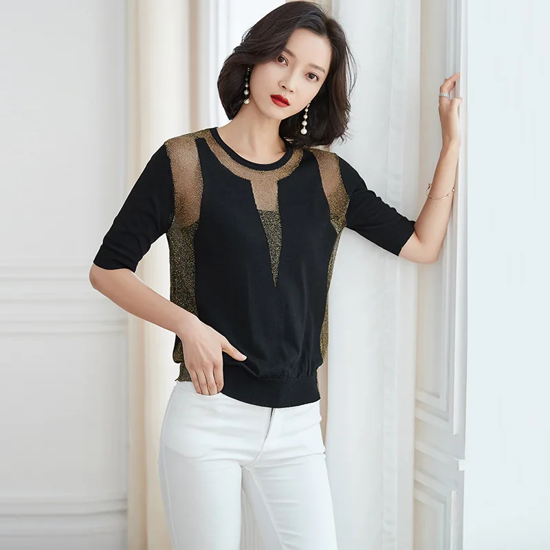 

See Throug Women Girl Summer short Sleeve Pullover Elegant Knitted sweaters OL Work Office basic Knitwear Outwear Top AA037S50