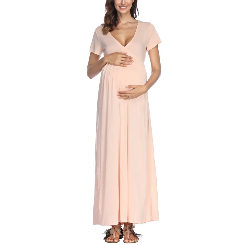 

2019 New 1 Pcs Women Maternity Short Sleeve V Neck Solid Color Long Dress for Summer