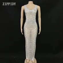 Блестящие жемчуг кристаллы Сетчатое длинное платье Для женщин день рождения, празднование See Through Кружева сценический костюм для танцев наряд YOUDU