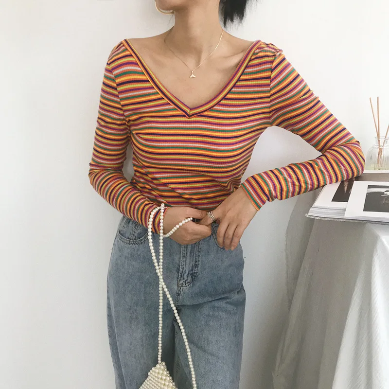 

Double V Rainbow Knitted Tops Women Striped Cotton Tops Colorful