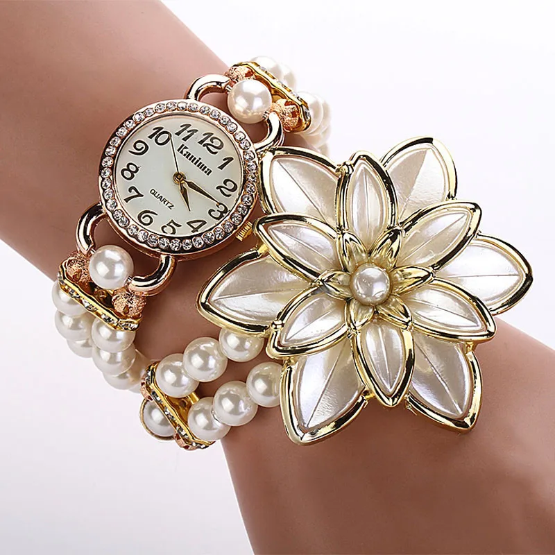 Fashion Watches Women Artificial Pearl Strap Flower Bracelet Quartz Wristwatch Watch Female Dress Clock Reloj Mujer