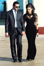 Elegante Myriam Fares Prom Kleider High Neck Appliques Schwarz Lace Mermaid vestido de festa longo Langarm Muslimischen Abendkleid