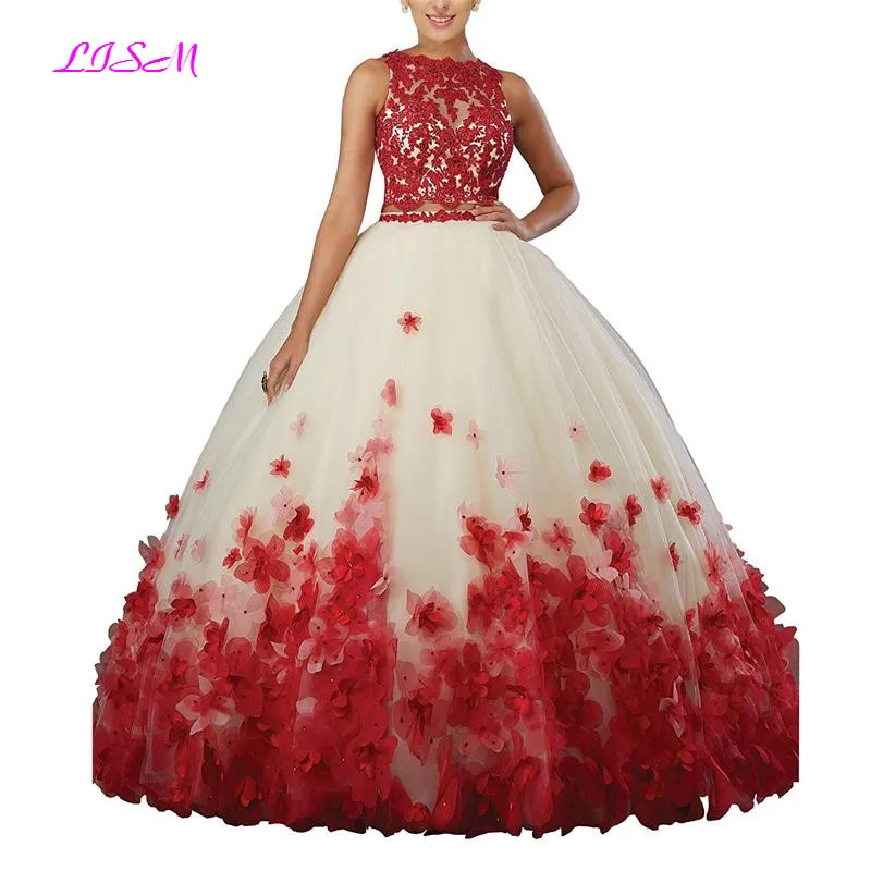

Sweet vestido debutante Ball Gown Two Pieces Organza Quinceanera Dress O-neck Long 3D Flowers Sweet 16 Dress Vestidos De 15 Anos