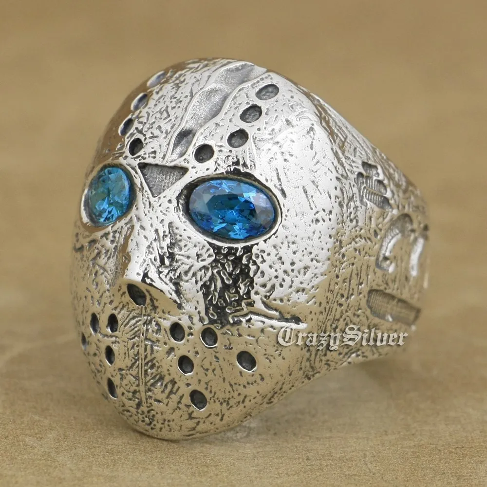 Blue CZ Eyes 925 Sterling Silver Halloween Jason Mask Biker Ring 9D205 US Size 7.5~13