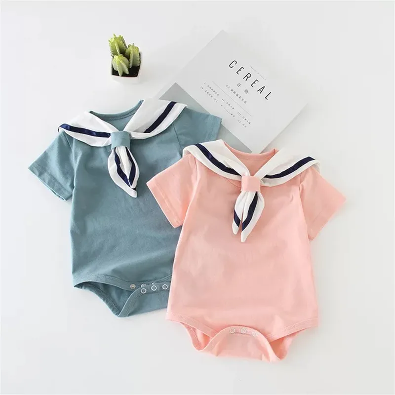 

Summer Baby Clothes Newborn Cotton Short Sleeved Bodysuit Infant Boys Girls Navy Sailor Pure Color Clothing