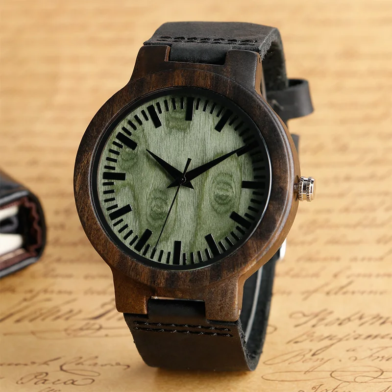 Creative Bamboo Dial Casual pravý kožený pás popruh Quartz hodinky zápěstí příroda dřevo jednoduchý módní styl hodinky pro muže ženy