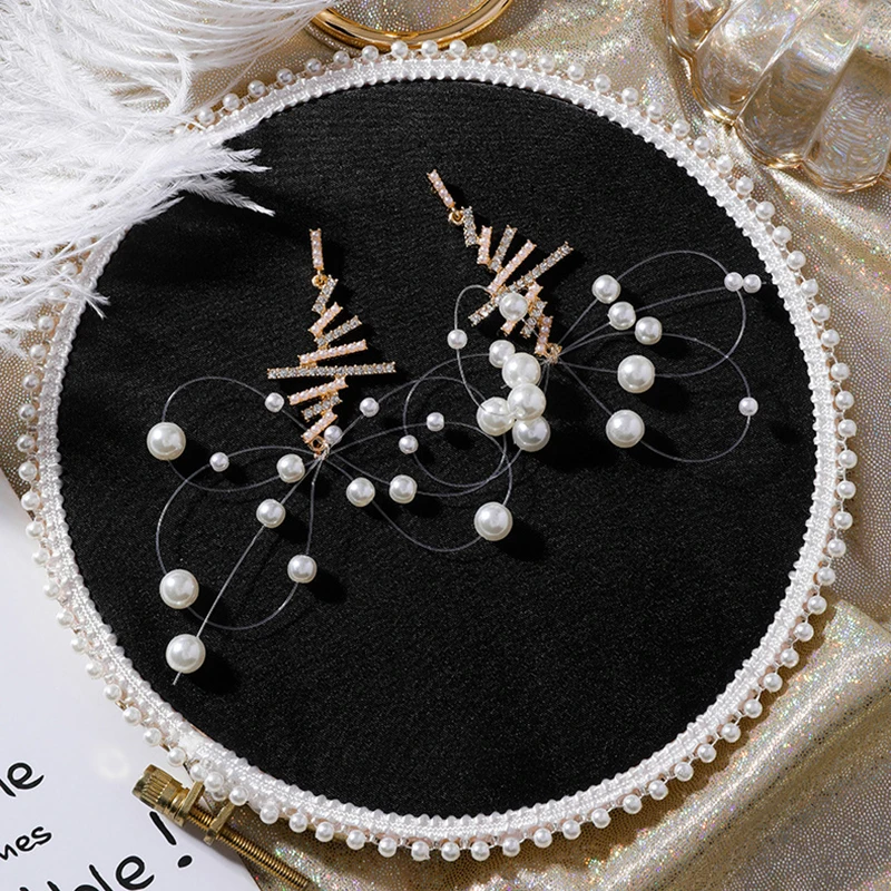 

2019 Fashion Korean Style Handmade Fish Line Bow Simulated-pearl Earrings Rhinestone Imitation Pearl Butterfly Bow Drop Earrings