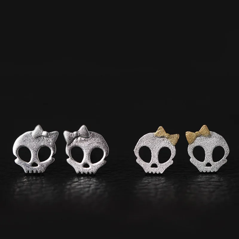 Женские серьги гвоздики из серебра 925 пробы с бантом и черепом|skull stud earrings|fashion