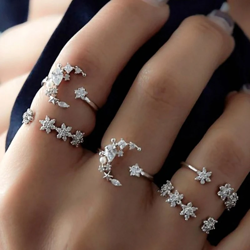 

5pcs/Set Moon Star Crystal Rings For Women Retro Trendy Wedding Ring Set Bohemia Creative Personliaty Rings Jewelry