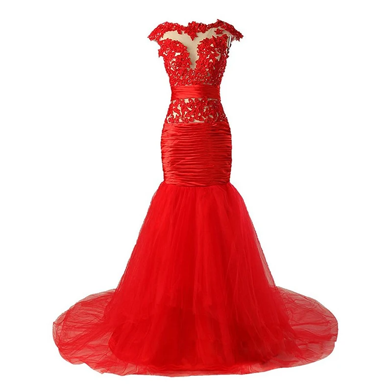 Красные вечерние платья Русалка с рукавами крылышками тюль кружева бисером формальное платье размера плюс длинное вечернее платье Выпускные платья Robe De Soiree