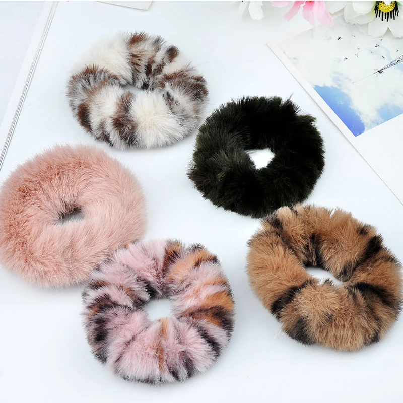 

1 Pc Lady imitation mane pink leopard ball head hair ring hair rope animal protector furry warm cute hair accessories