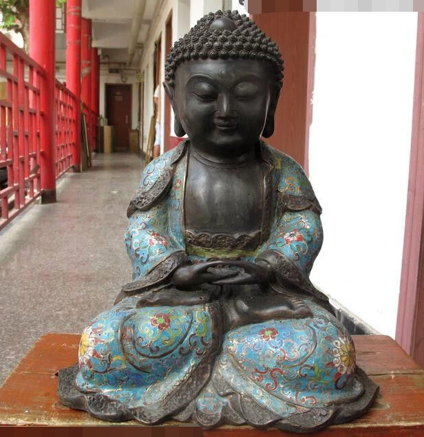 

bi003198 Tibet Buddhism old Bronze Cloisonne Enamel Amitayus Sakyamuni Buddha Statue