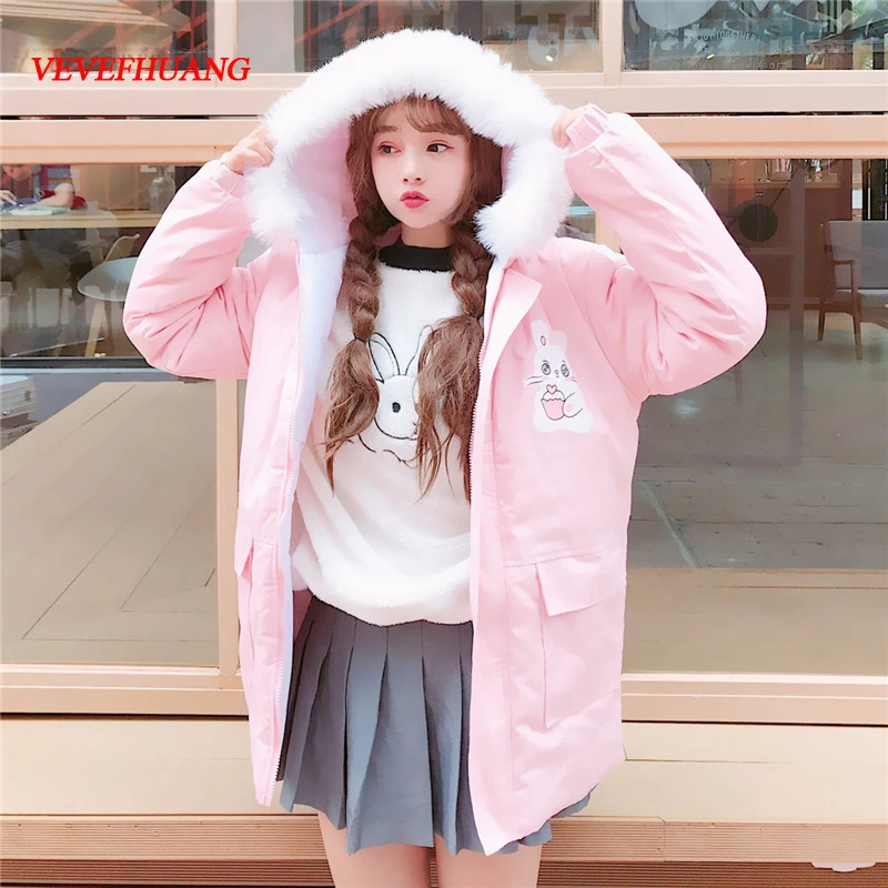Goedkoop Japanse Stijl Winter Vrouwen Mode Leuke Cartoon Print Maiden Thicken Jassen Kawaii Hooded Losse Roze Riem Toevallige Korte Lange Jas