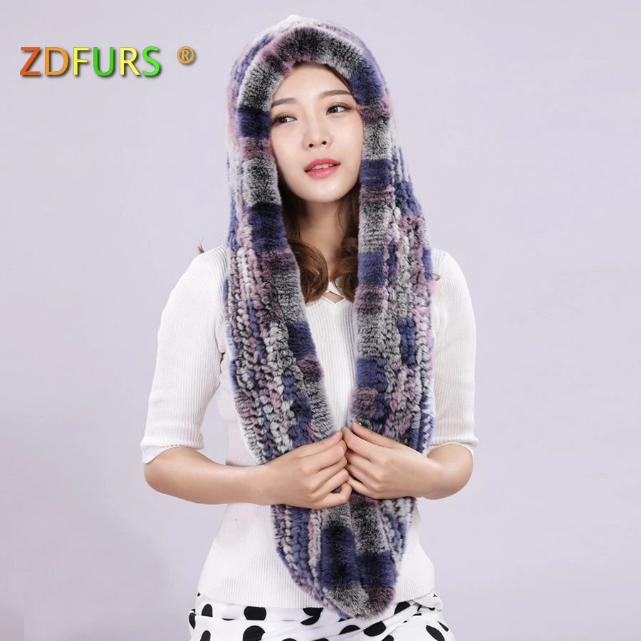 

ZDFURS *Thick autumn winter warm real rabbit fur scarf and hat Women with a hood rex rabbit fur scarf fur hat pashimina