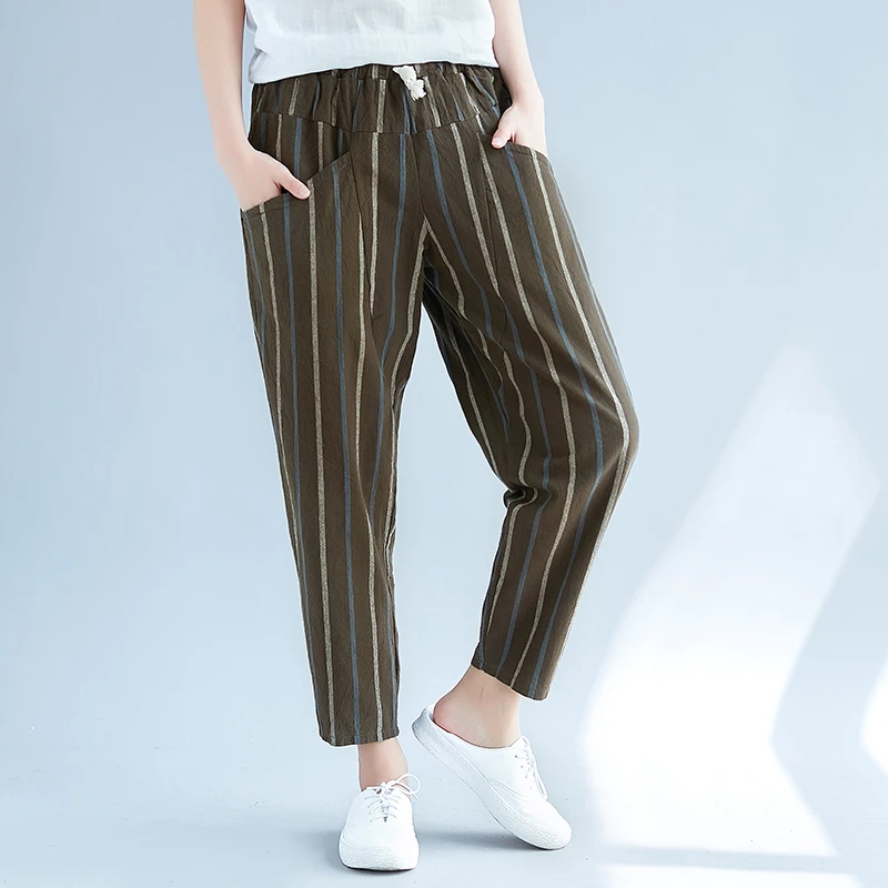 2019 Summer Cotton Linen Harem Pants Trousers Women Pockets Casual Drawstring Elastic High Waist Pants Vintage Pantalon Femme   1