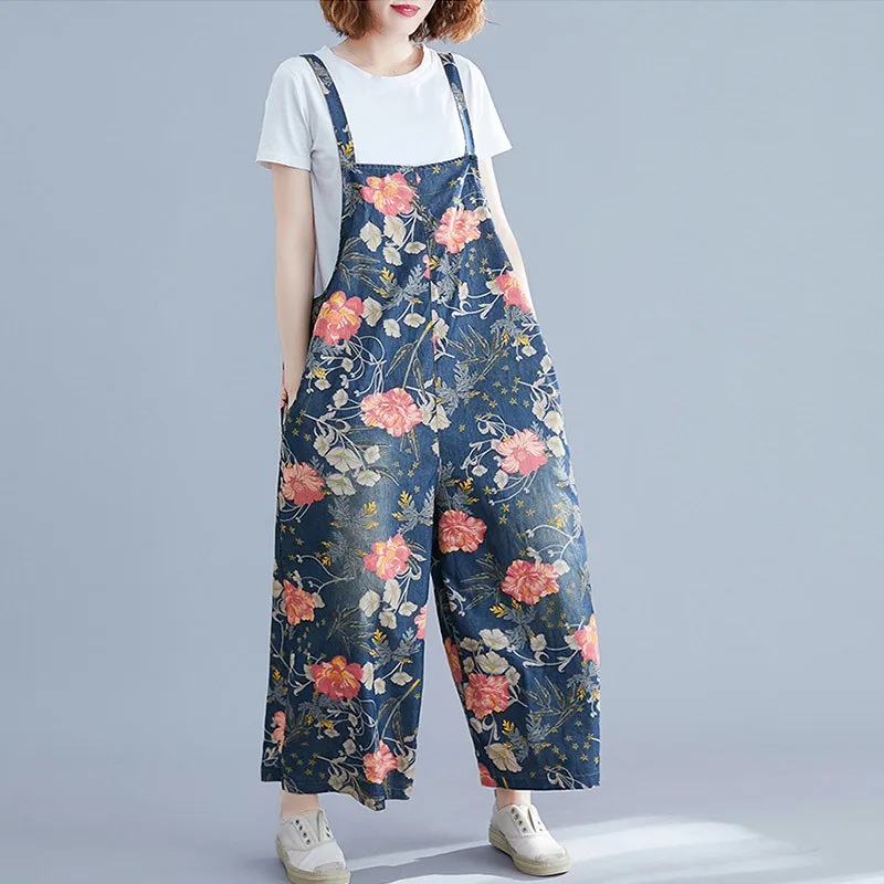 

2019 Summer New Women Casual Loose Floral Print Jumpsuit Sleeveless Backless Playsuit Vintage Trousers Overalls