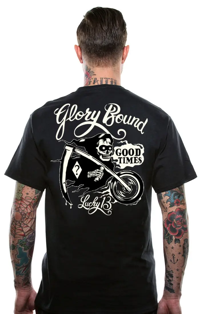

100% Cotton T-shirt Men 2019 Summer adults Casual Tee Shirts Glory Bound Grim Reaper Tattoo Motorcycle Biker Art T shirt
