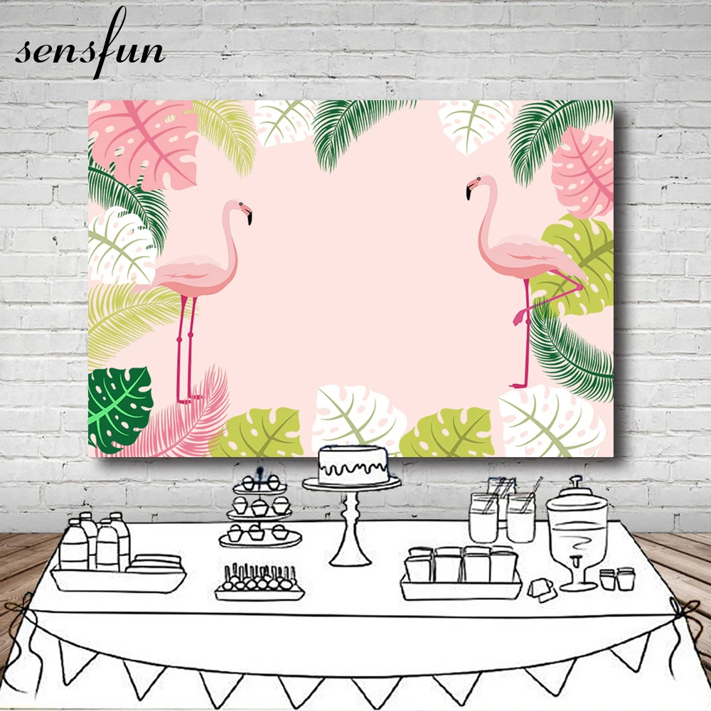 

Sensfun Pink Theme Flamingo Party Backdrop Tropical Leaves Children Happy Birthday Backgrounds For Photo Studio 7x5FT Vinyl