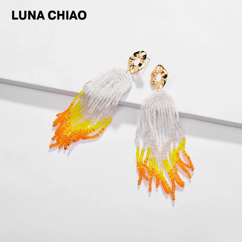 LUNA CHIAO летние богемные серьги из бисера с кисточками, серьги в стиле бохо для женщин - Окраска металла: White