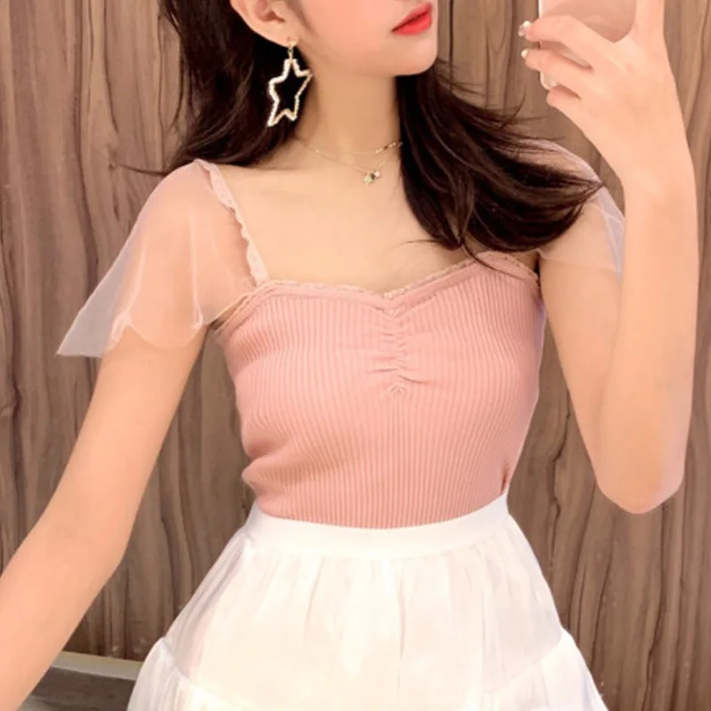 

Women Tank Top Summer Sleeveless Shirt Lace Shoulder Camisole Loose Female Top Vest