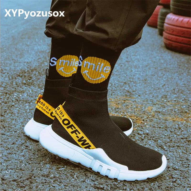 

Harajuku Men Off White Hip Hop Crew Socks Smile Happy Socks Gifts For Men Cotton Male Unisex Couples Funny Hiphop Skate Socks